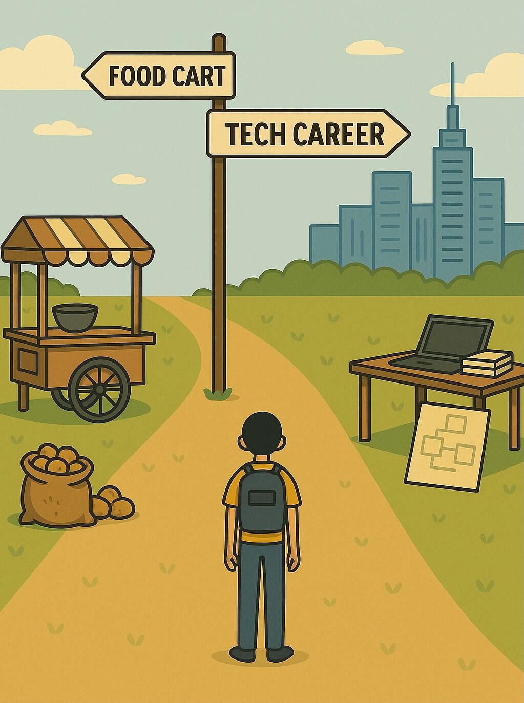 Cartoon of a young engineer at a crossroads, choosing between a food cart on the left and a tech career sign on the right (note: ships with the original Carrd typo 'TECH CARRER' until regenerated).