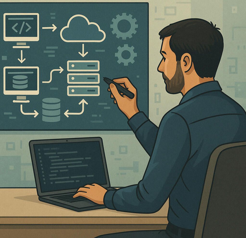 Cartoon of an engineer drawing system architecture on a whiteboard — cloud, gears, server racks, database, arrows.